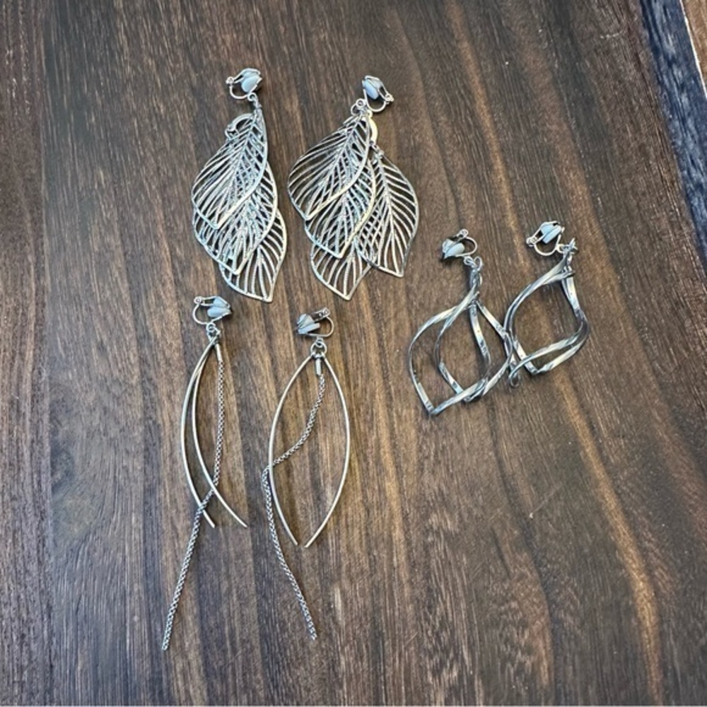 Set of three Silver metal Clip in long dangling earrings lightweight It#WK